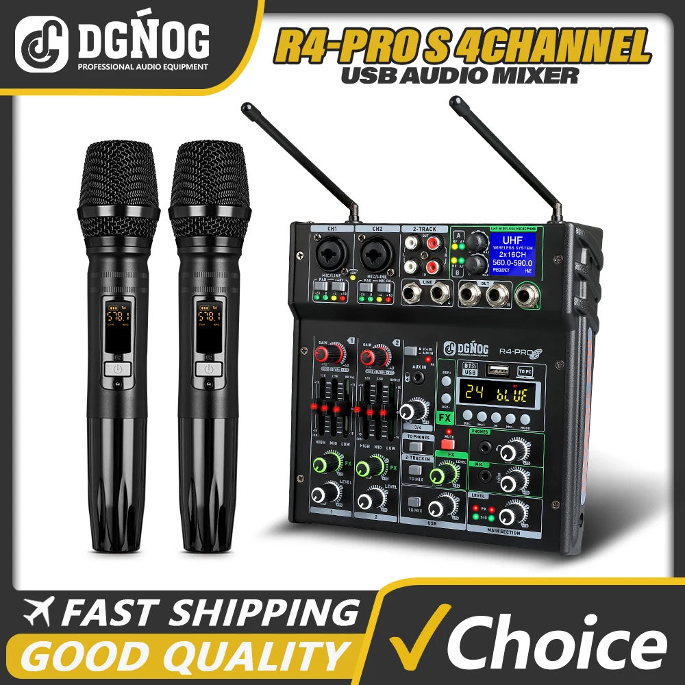 Audio Mixer 4 Channel Karaoke Mixer with Dual UHF Wireless Microphone DJ Mixer USB Bluetooth for Party Computer Studio Recording