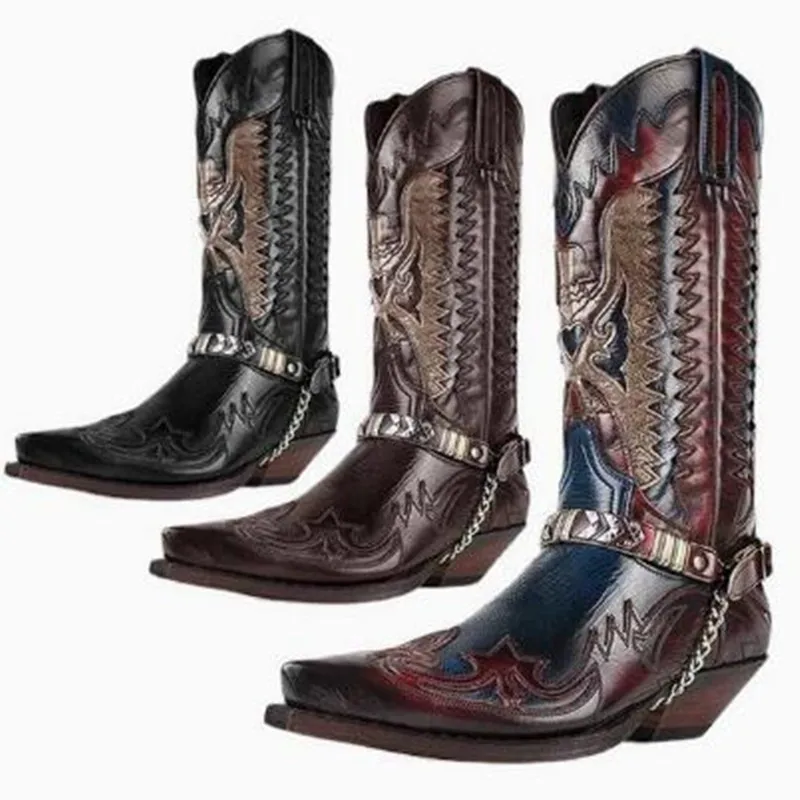 Spitze, bestickte, mittelhohe Stiefel mit Schlangenmuster, Western-Cowboy-Stiefel für Herren, farblich abgesetzte Slip-On-Chelsea-Stiefel, coole Botas Femininas