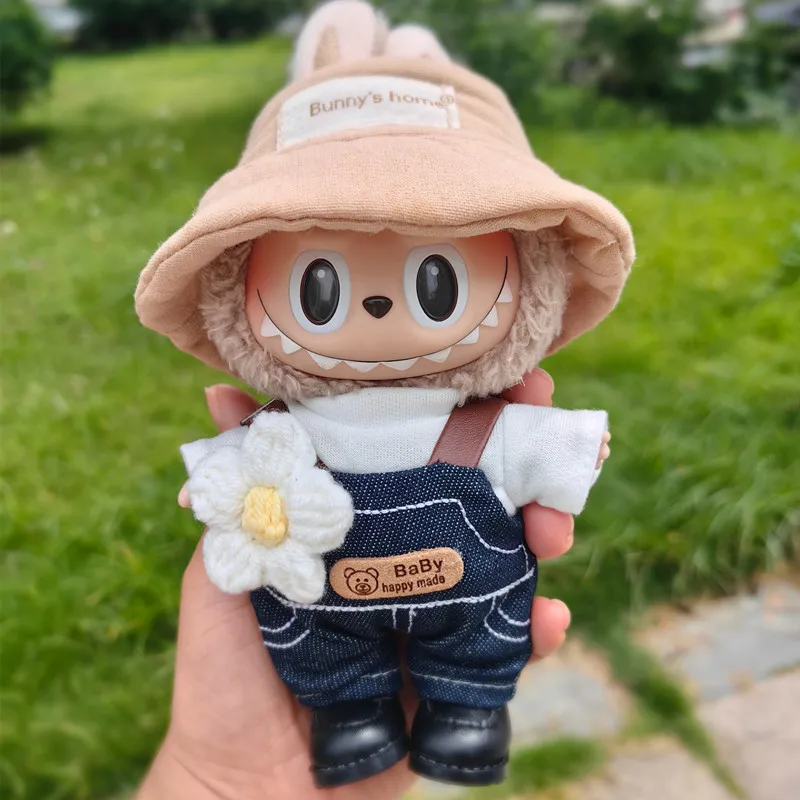 17cm Cute Mini Plush Doll's Clothes Outfit Accessories For Labubu Dolls Clothing Kid Gift Haruno Set Cool Floral Overalls EB19F