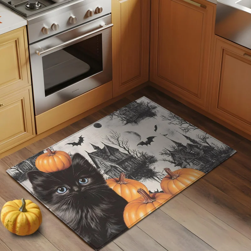 VIKAMA Halloween Black Cat Haunted House Pumpkin Bat Doormat Non Slip Vintage Sketch Washable Front Entrance Holiday Floor Mat