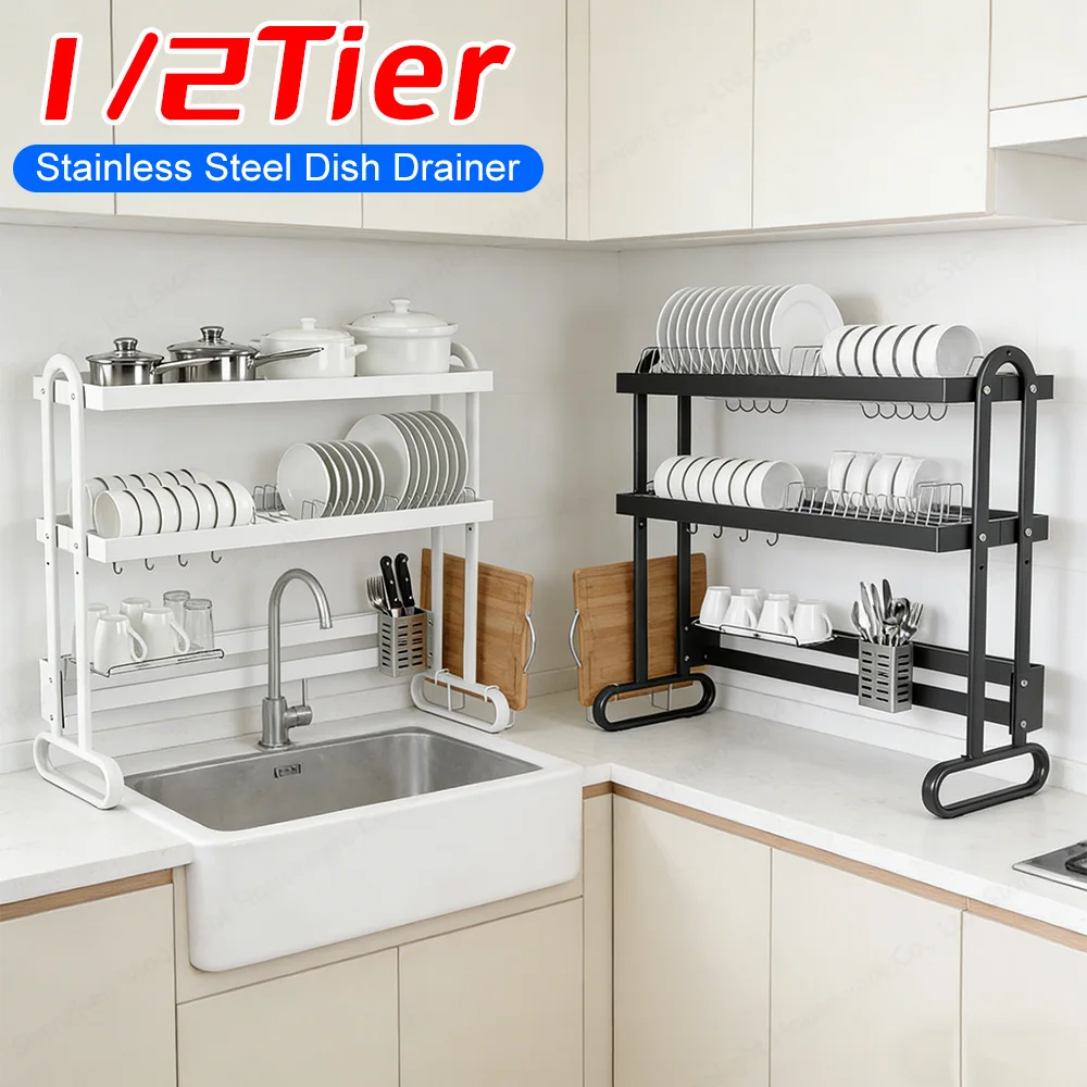 

Двухуровневая сушилка для посуды над раковиной из нержавеющей стали с противоскользящим основанием, подставкой для столовых приборов и разделочной доски, лоток для хранения