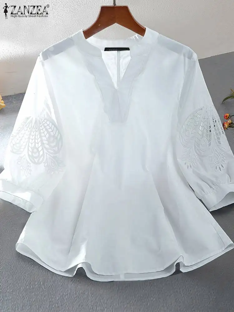 ZANZEA Elegant Women Autumn Hollow Out Embroidery Blouse Casual Solid Tops Female Work Blusas Chemise V Neck 3/4 Sleeve OL Shirt