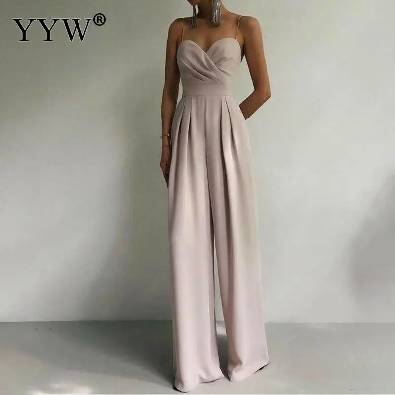 Women Sexy Backless V Neck Slim Flare Rompers Elegant Wide-leg Pants Summer Streetwear Solid Color Sling Sleeveless Jumpsuits