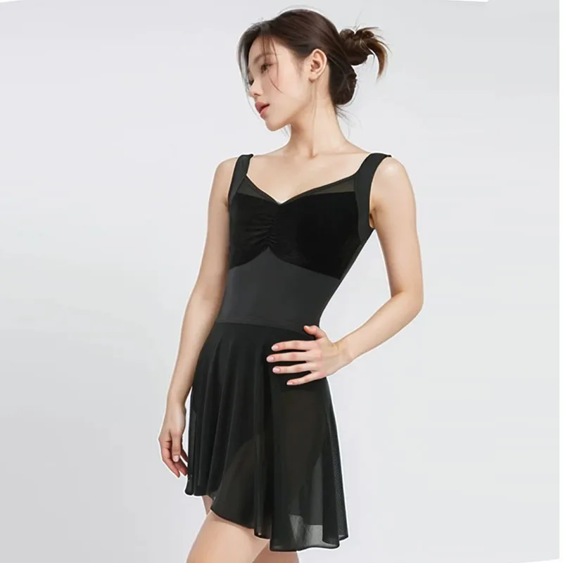 

Ballet Leotard for Women Velvet pleated Gymnastics Bodysuit back mesh spliced Performance Adult Aerial Yoga Dance Wear