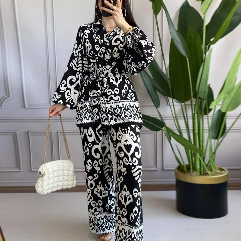 Casual Printed Harajuku Set Spring Fall Long Sleeve Sashes Shirt Bandage Loose Wide Leg Pants Outfits Women Fashion 2 Piece Suit