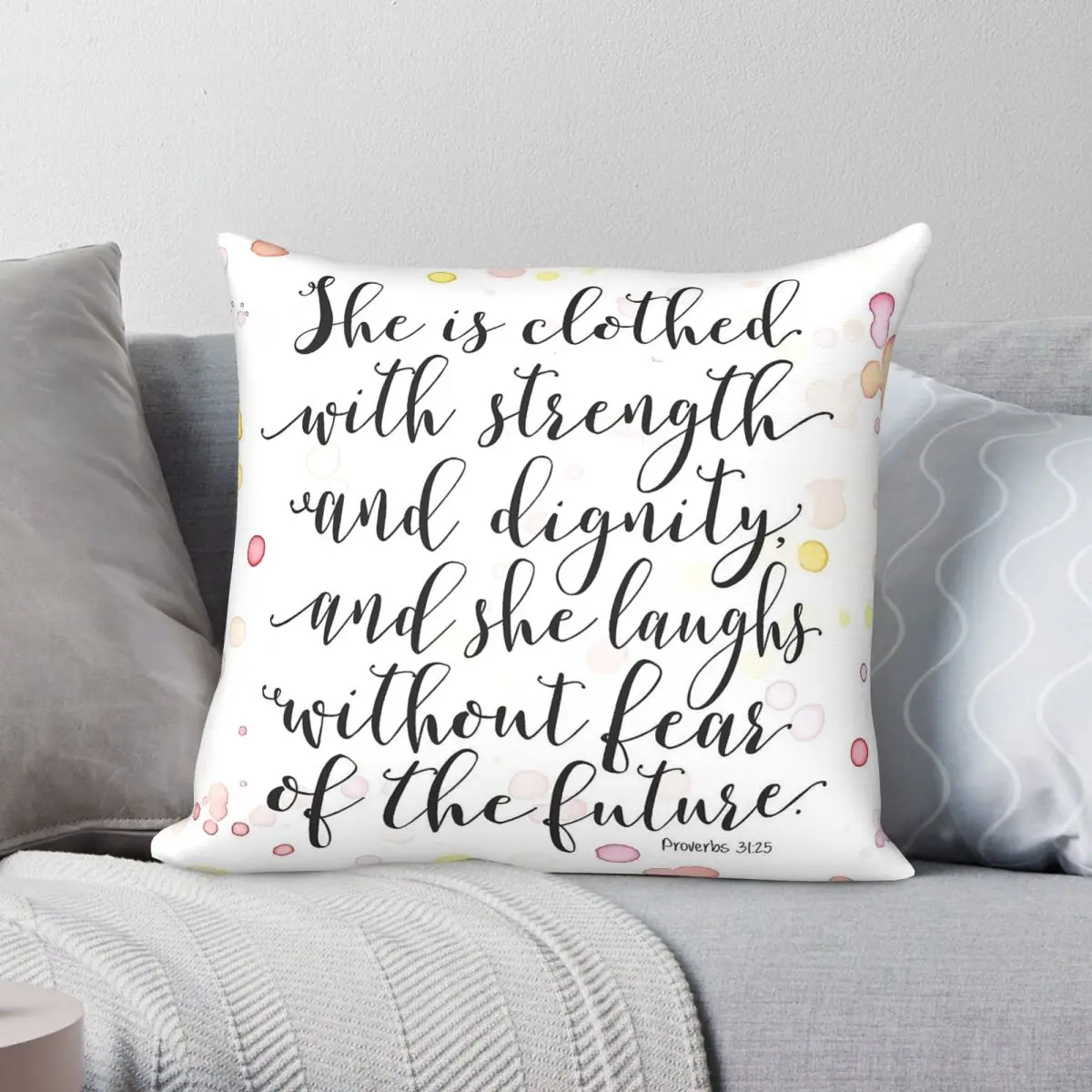 Proverbs 31 She Is Clothed With Strength & Dignity Housse de coussin en polyester, lin et velours imprimé avec fermeture éclair, 18 pouces