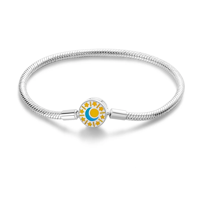 Charms bracciale in argento Sterling 925 massiccio cuore T-Bar polsino catena scintillante blu chiusura a disco bracciale a catena serpente gioielli