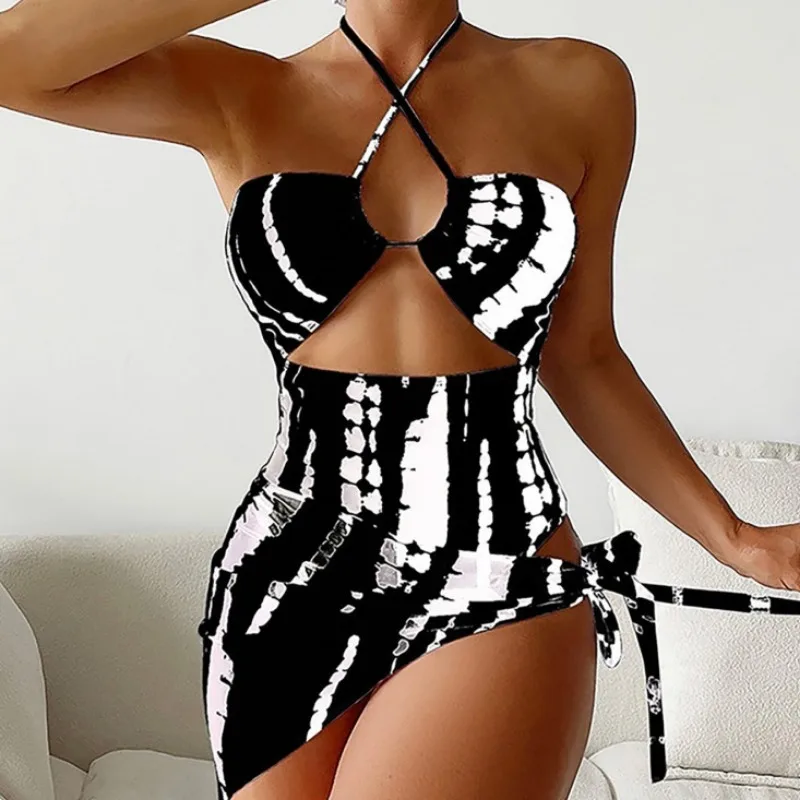 Women Printed Bikini Summer Tie Dye Gathering Swimwear Three Piece Set Sexy Beach Skirt Women Swimwear