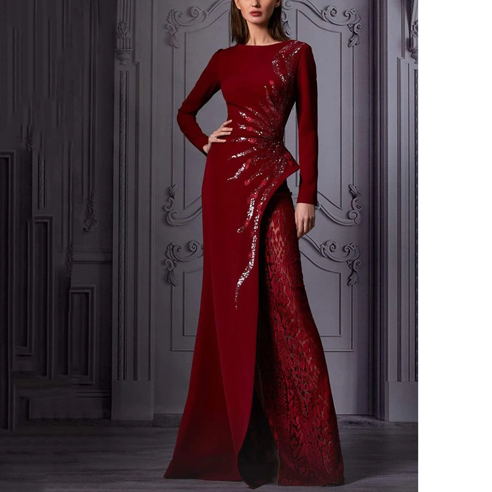 

Fashion Burgundy Women Prom Dresses Floor Length Asymmetrical Full Sleeves Illusion Appliques Shiny Female Banquet Gowns