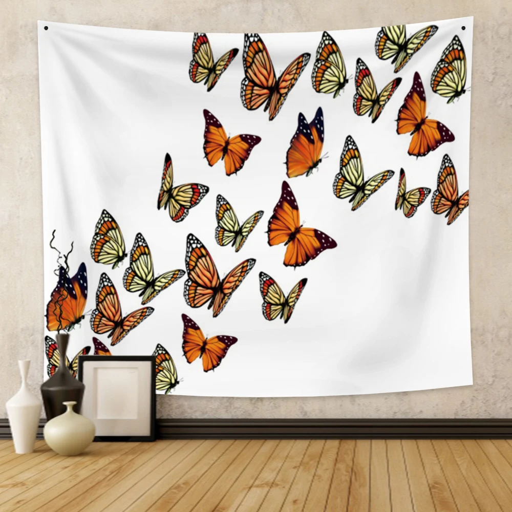 

Butterfly Botanical Kawaii Tapestry Wall Hanging Bohemian White Psychedelic Wall Decoration Beach Towel Polyester Yoga Blanket