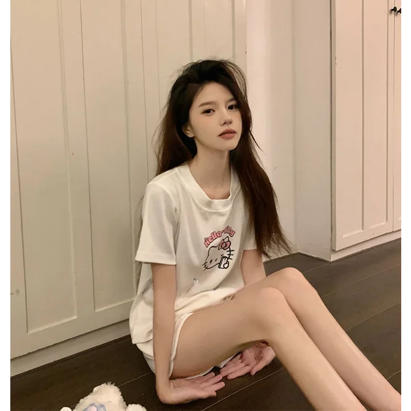 Summer New Hello Kitty Short-sleeved Top Shorts Women Home Wear Set Fashion Y2K White Clothes Streetwear T-shirt Casual Suit