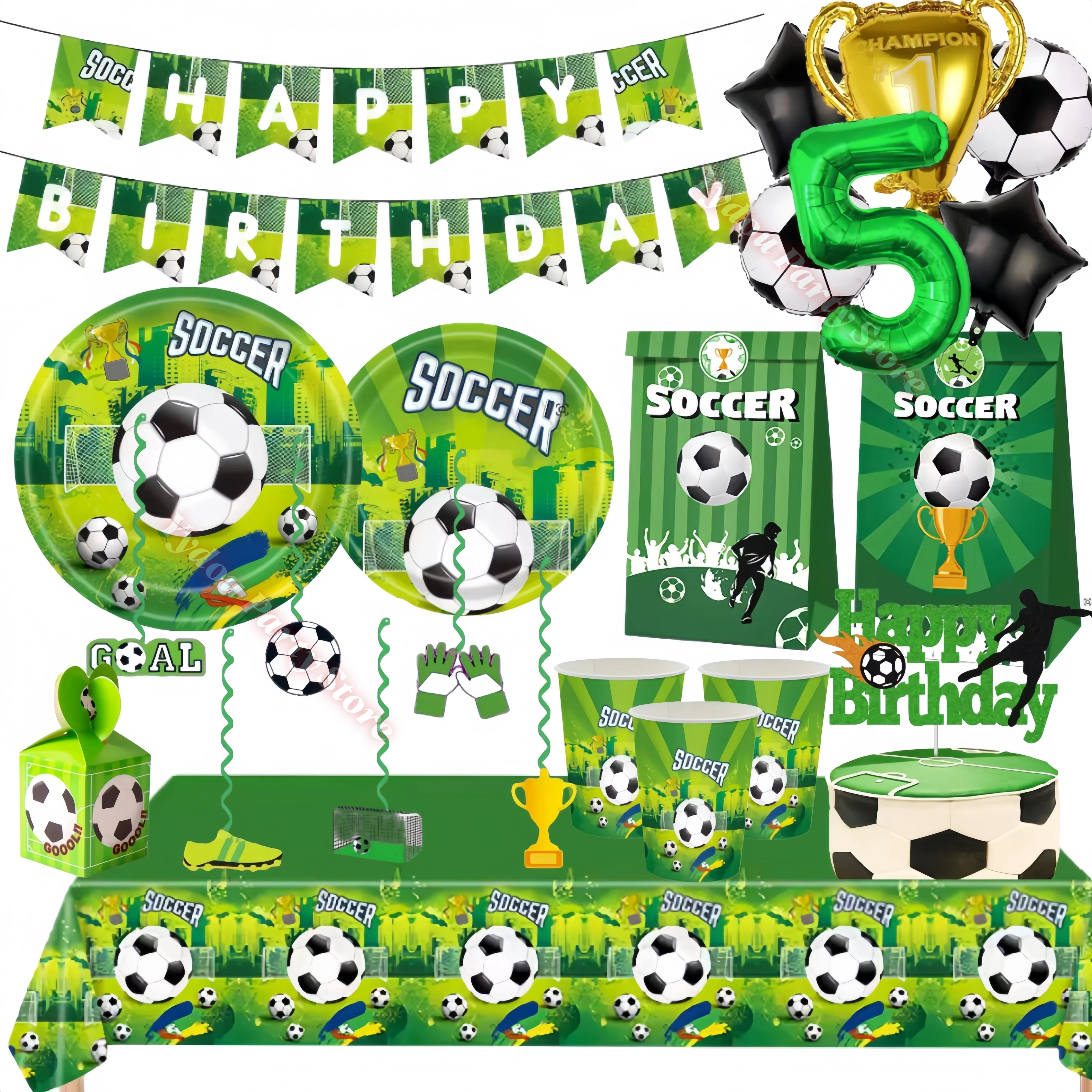 Décorations d'anniversaire sur le thème du football, articles de fête pour garçons, assiettes, gobelets, bannière, sacs cadeaux, ballons pour enfants, fournitures pour fête de naissance