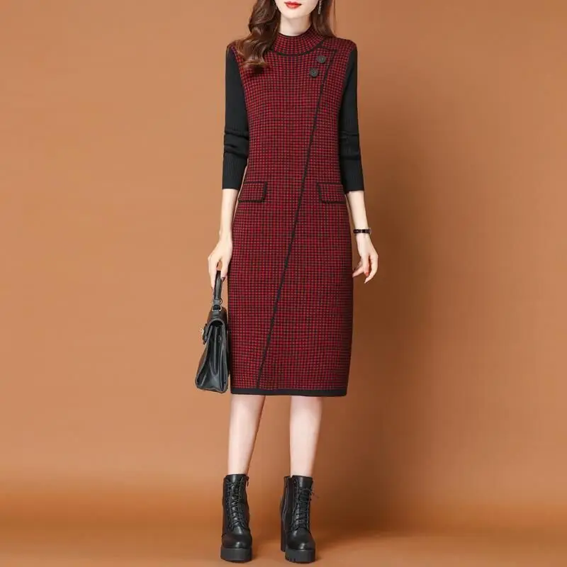 Women\'s 2023 Autumn and Winter New Pullover Half High Neck Patchwork Plaid Knitted Thickened Loose Mid Length Long Sleeved Dress