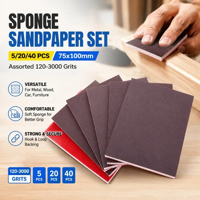 5/20/40 Pcs Sponge Sandpaper Set 75x100mm Hook and Loop Assorted 120-3000 Grits for Sanding Metal Wood Car Furniture