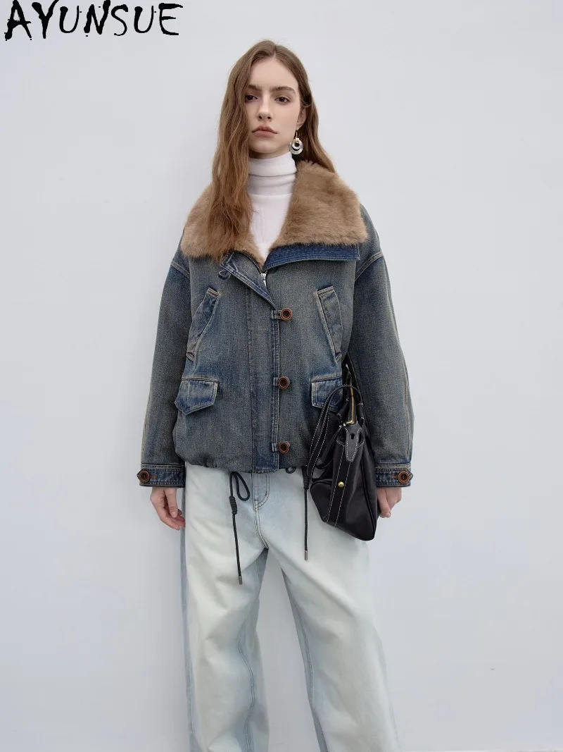 AYUNSUE Female 90% White Goose Down Coat Natural Nutria Fur Collar Womens Winter Short Denim Parka Fashion 2026 Куртка Женская