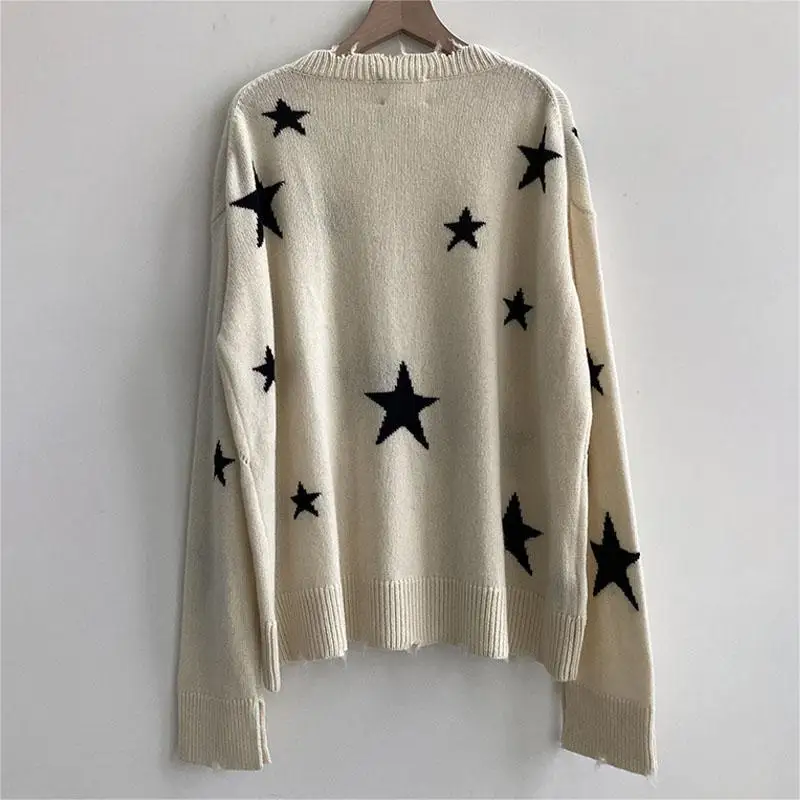 Zadig Stars Sweater Women Beige Cashmere Loose Sweaters Casual Long Sleeve Crew Neck Pullover Stylish Ripped Edges Jumpers Tops