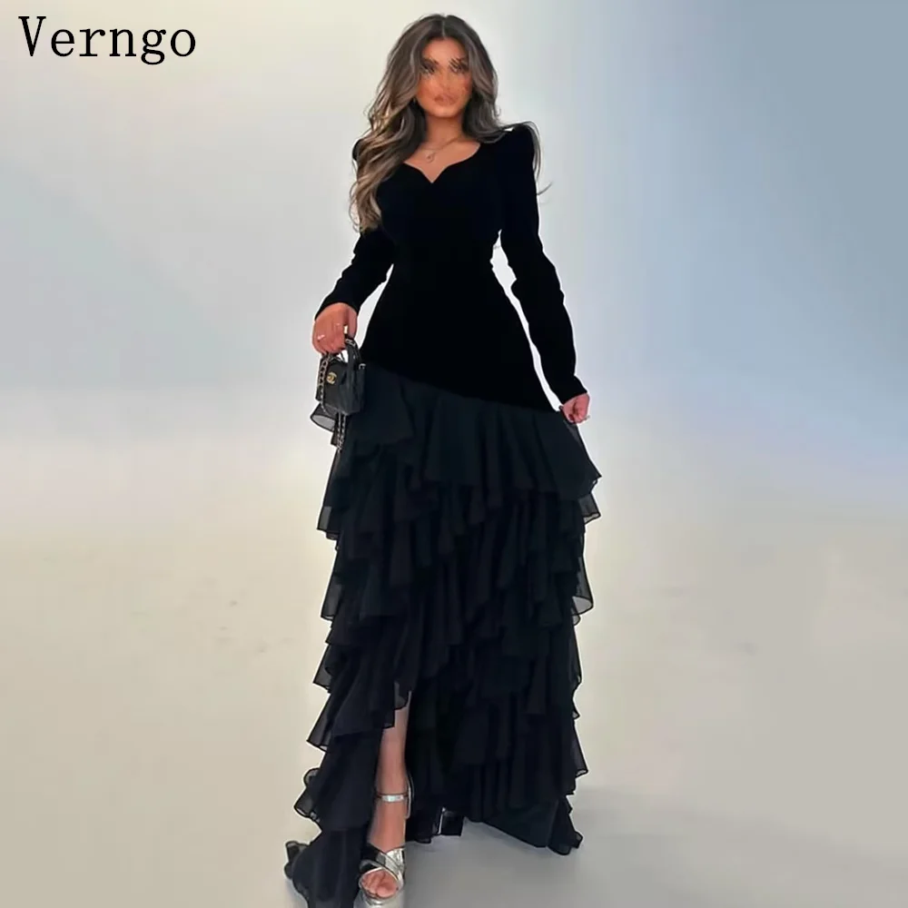 Verngo Burgundy Bordeaux Evening Dress O Neck Full Sleeves Tiered Prom Gown Arabic Formal Occasion Dresses Customized