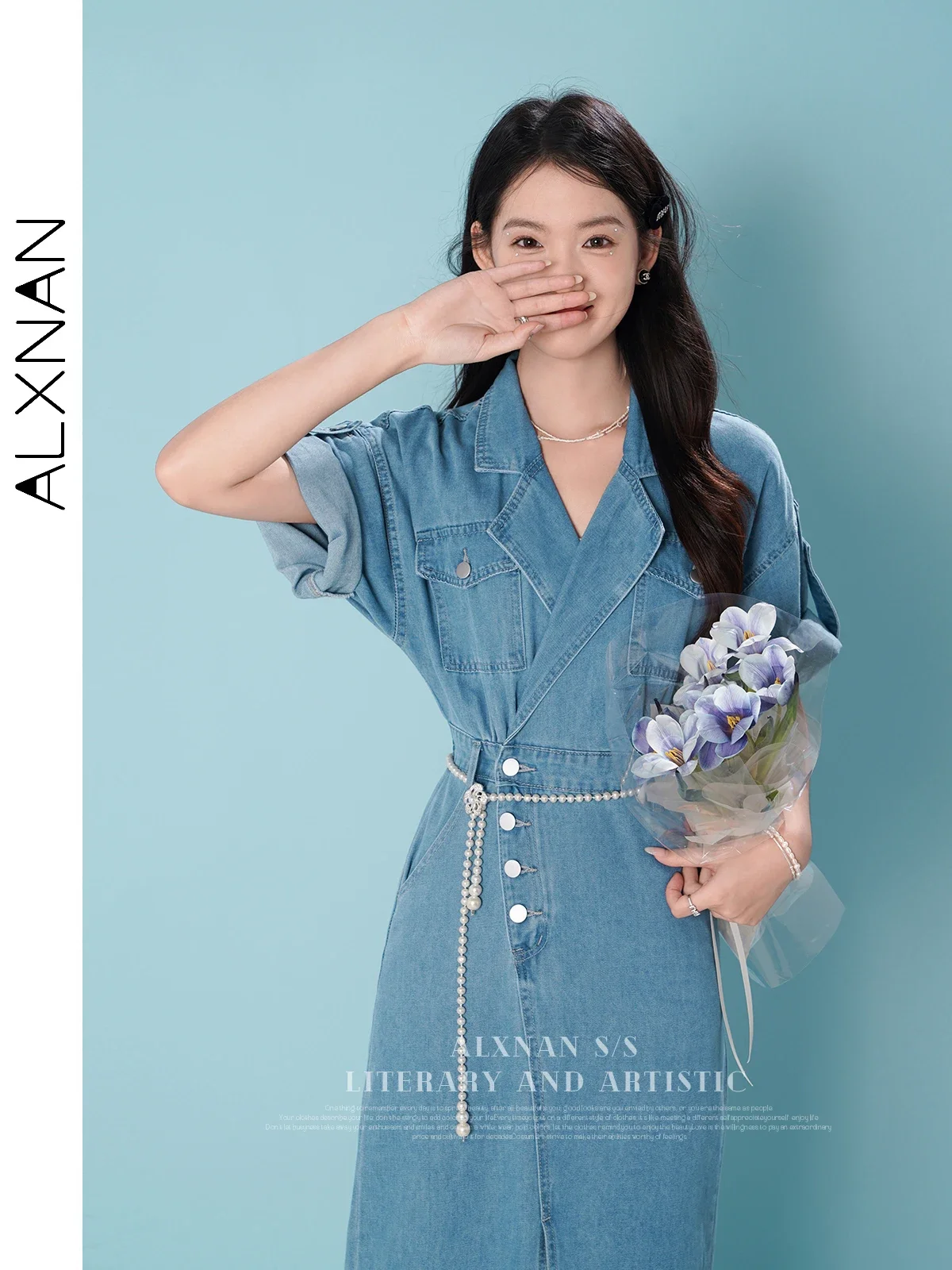 ALXNAN Women Summer Midi Denim Dress Female 2024 Casual Short Sleeve Patch Pockets Notched Collar Fitted Split Dress LXN29722