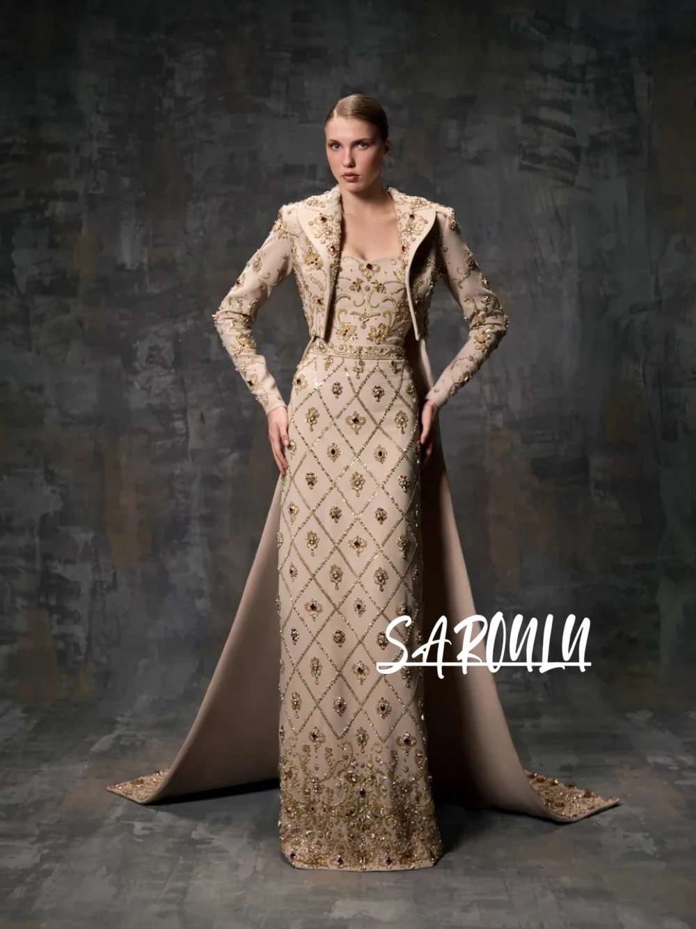 

Two Pieces Blazer Jacket Evening Dress Nude Gold Beaded Rhombus Embroidery Modest Long Sleeve Formal Luxe Prom Gown Customized