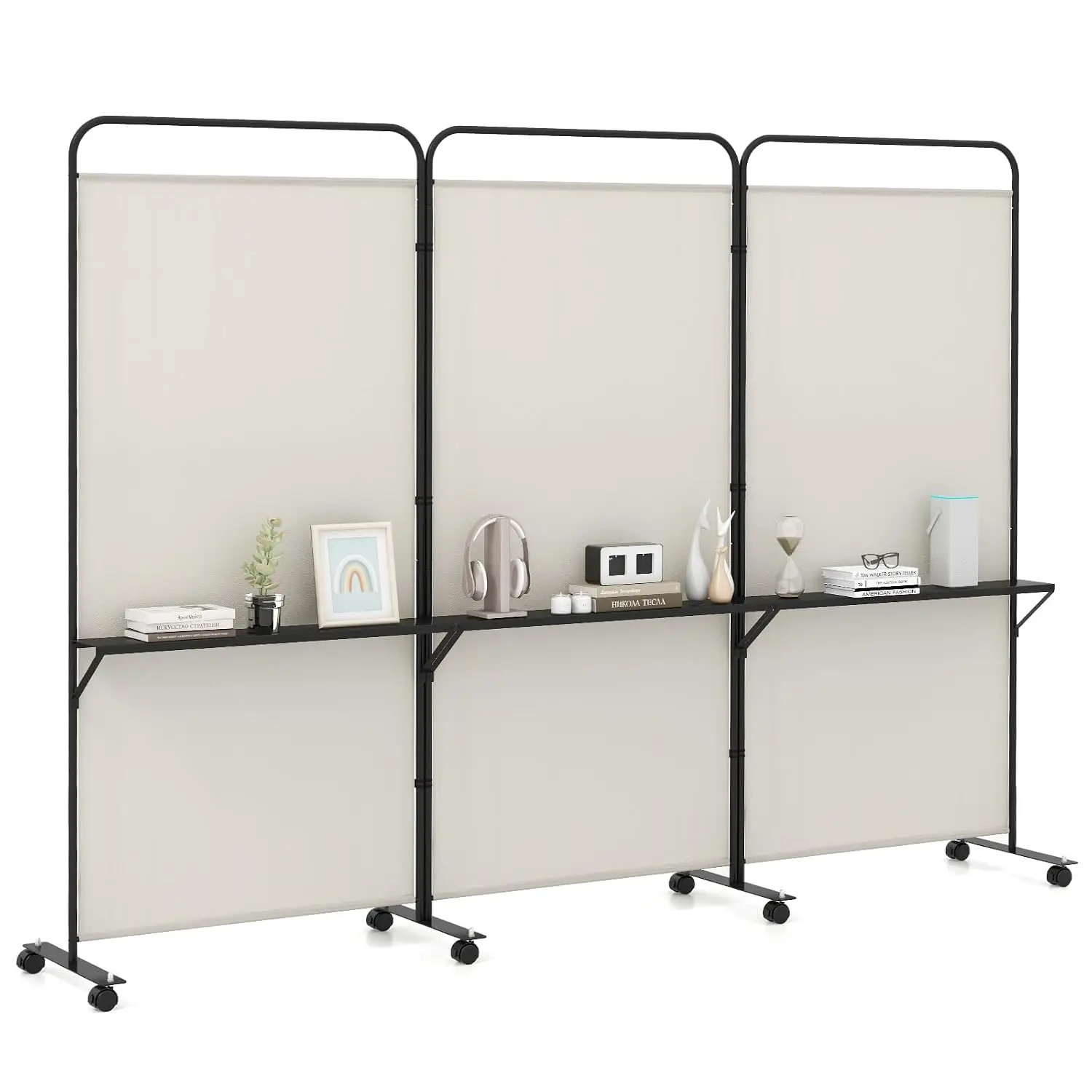 3 Panel Room Divider with Storage Shelves, 6FT Folding Privacy Screen with Lockable Wheels, Portable Rolling Wall, Customized
