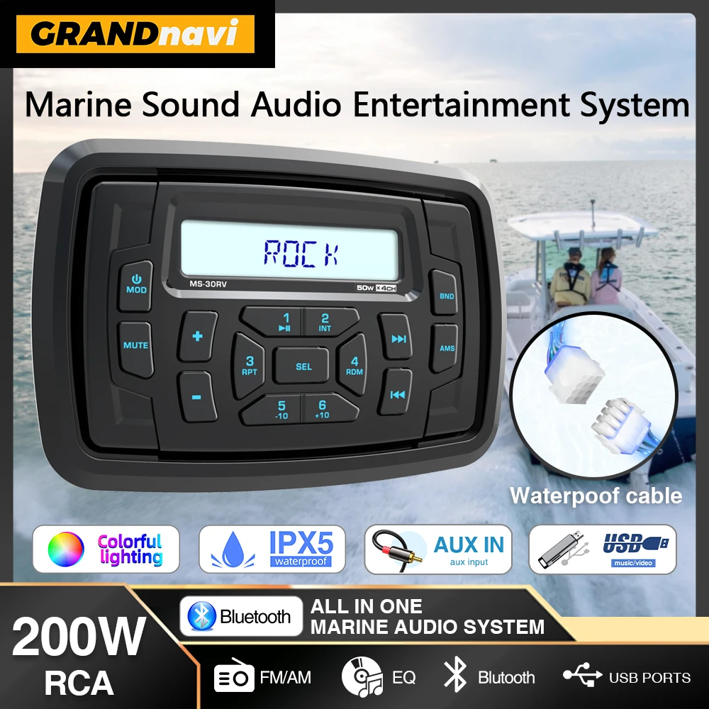 GRANDnavi Marine Stereo Boat Radio IPX5 Waterproof Bluetooth FM AM Media Audio Player For Yacht Gauge ATV UTV Cart Golf car