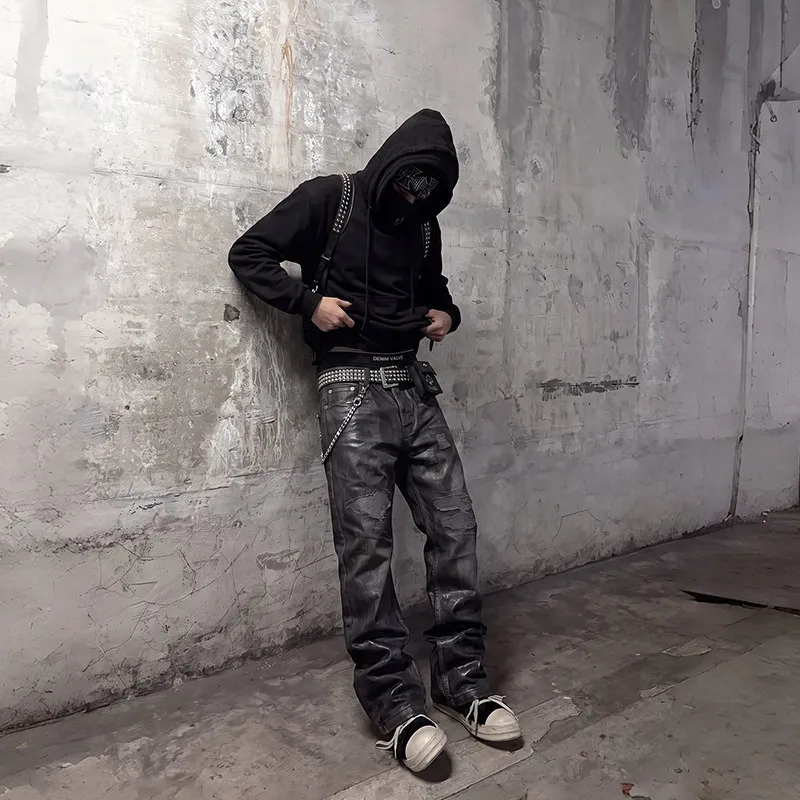 Mens Rust Leather Coated Jeans Waxed Finish Ripped Distressed Straight Leg Denim Pants for Vintage Streetwear Looks