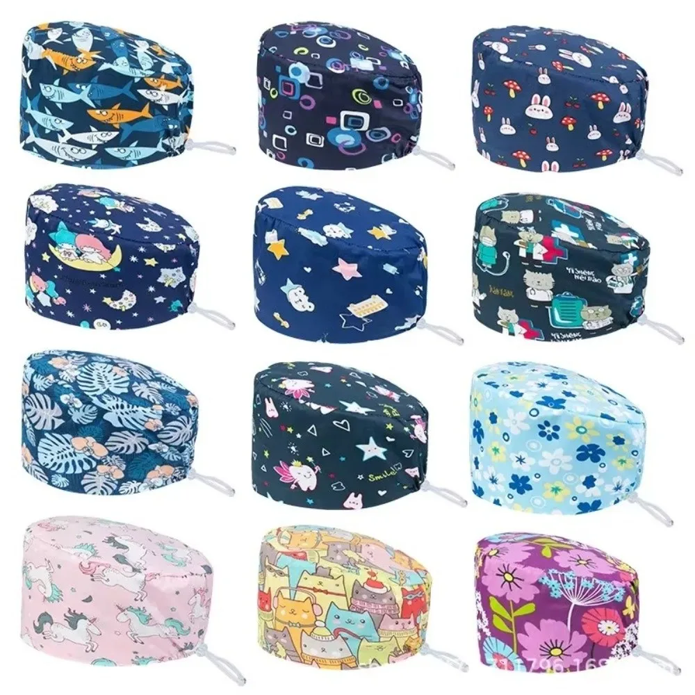 Cartoon Printing Scrub Cap Adjustable Buckle Print Design Lab Scrub Hat Breathable Soft Pure Healthcare Hats Operating Room