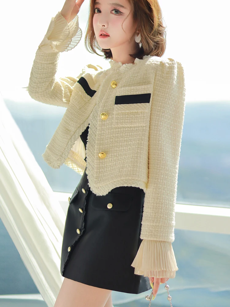 

Special Year-End Price Floral Lace Trim round Ne Patch ket Flared Sve Harris Tweed ort Jaet Women's Commute Sle