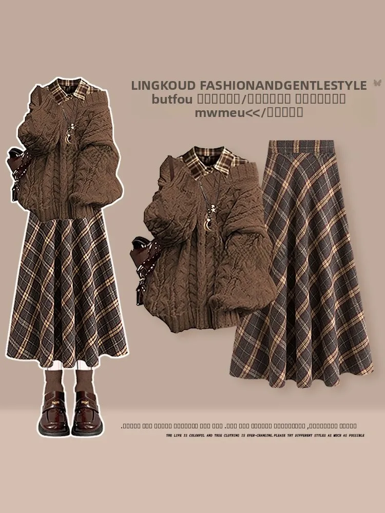 

American Style Knitted Sweater Base Shirt And Plaid Skirt Three-Piece Set for Women Warm And Cozy Autumn Winter Outfit