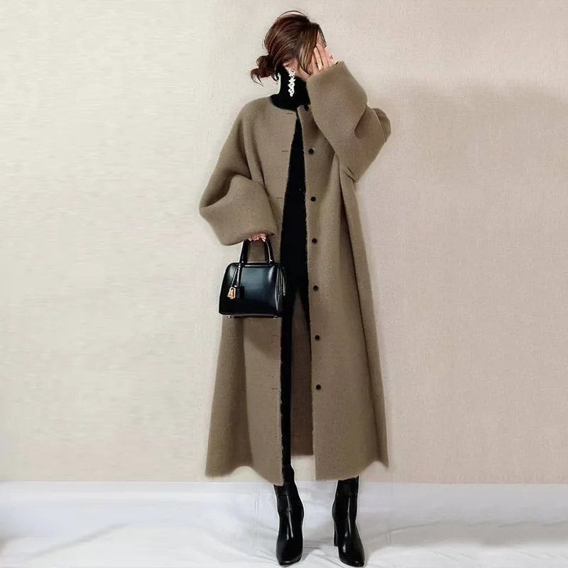 New Women's Lapel Long Sleeve Solid Color Loose Long Woolen Coat Casual Commuter Elegant Trendy Versatile Daily Wear Woolen Coat