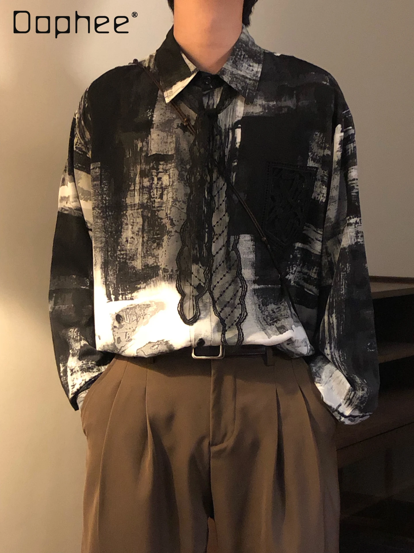 

2025 Spring and Autumn New American Retro Style Men's Loose Casual Ink Painting Gradient Long Sleeve Shirt Top