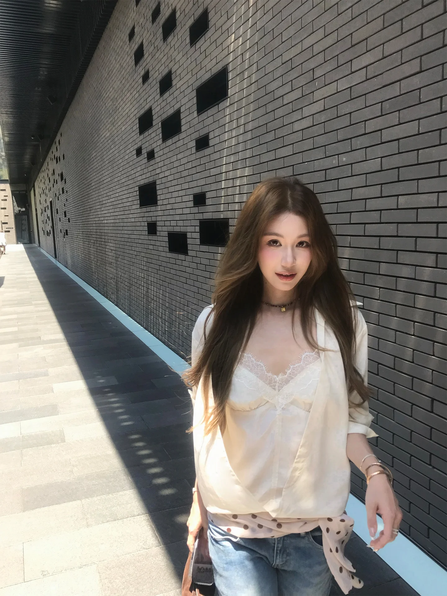 

Obliviate Gentle t 00 Days Silk Lace Fake Two-Piece irt Women's Autumn Slimming Top Long Sve Rigid Fabric Chinese Or...