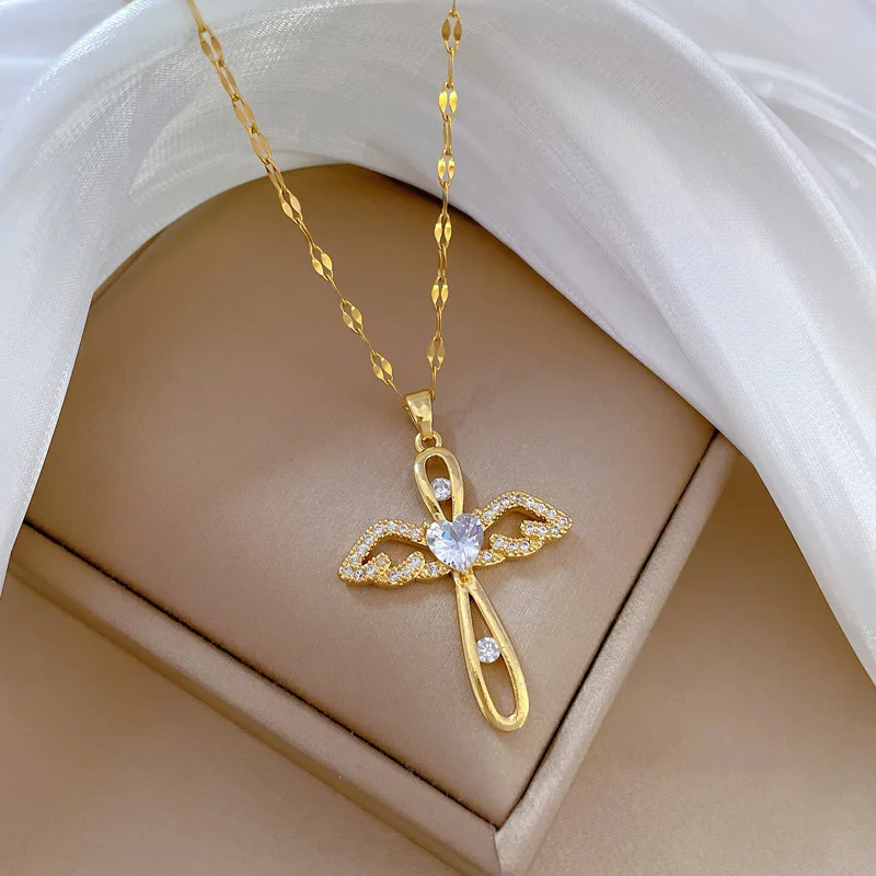 Luxury Zircon Angel Wing Cross Pendant Choker Necklace for Women Men Stainless Steel Chain Jewelry Accessories Gifts for Friends