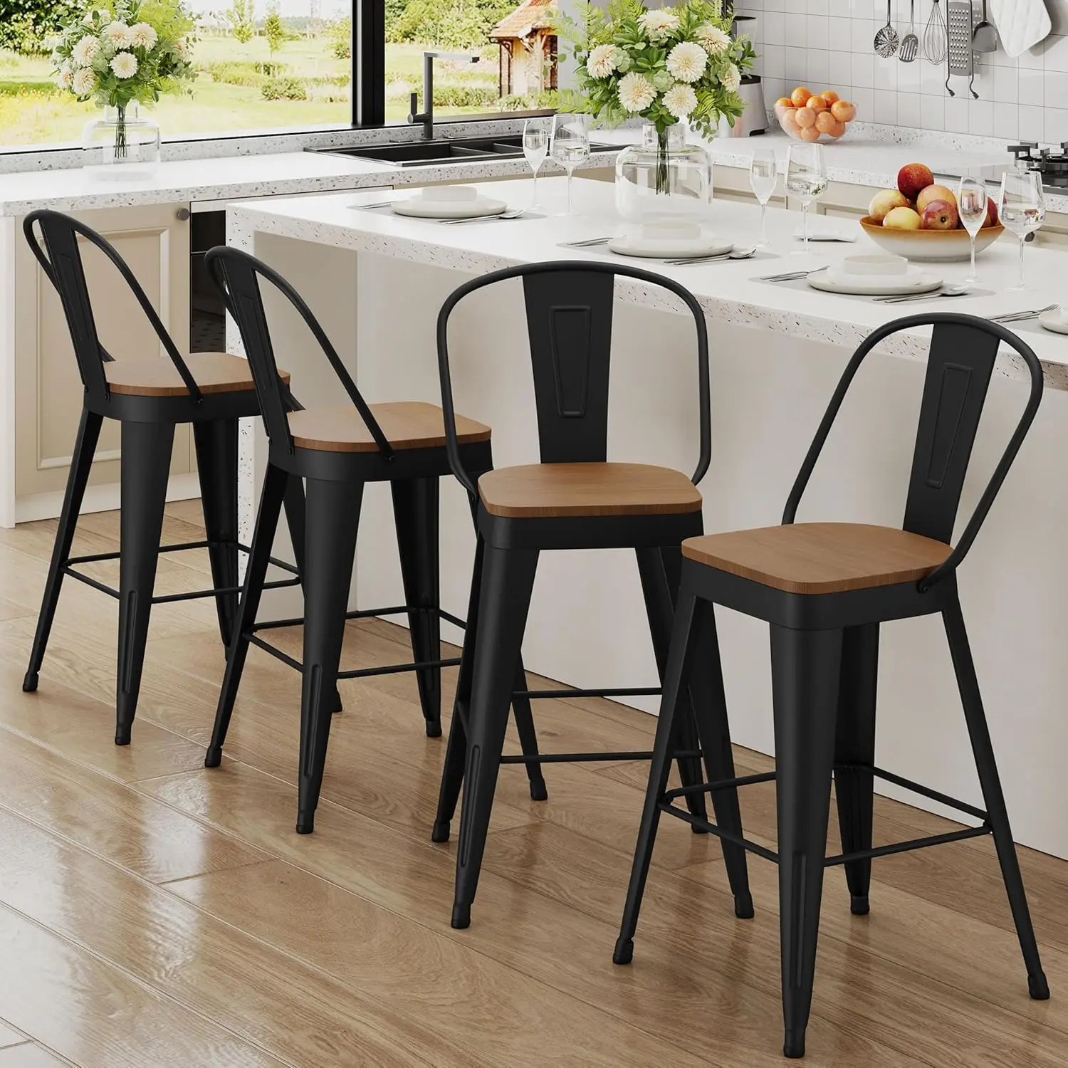 

Metal Bar Stools Set of 4, 24 inch Counter Height Barstools with Backs Farmhouse Modern High Back Bar Stools