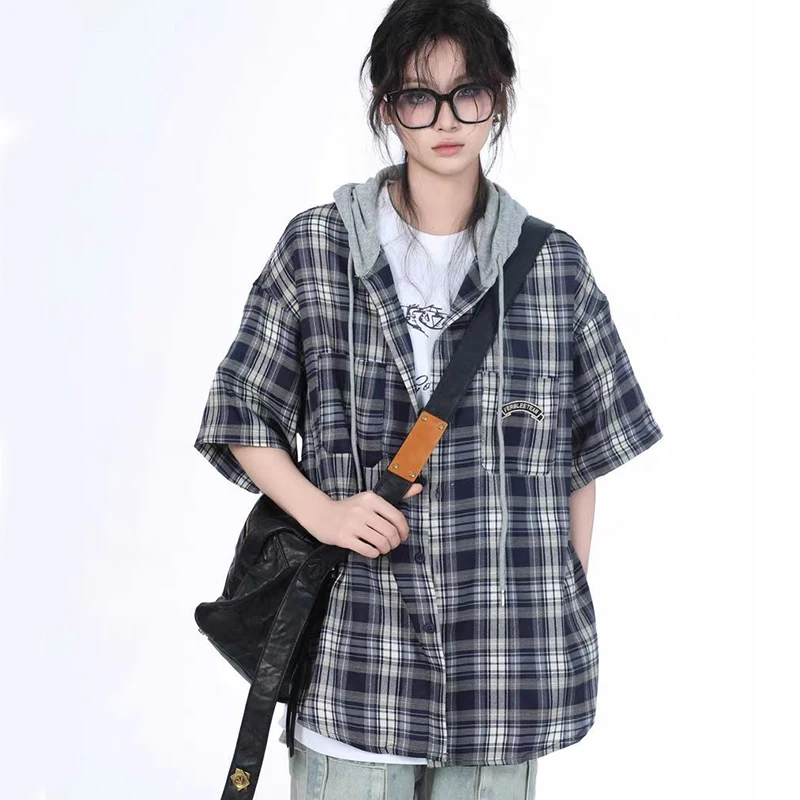 Damska koszula z kapturem w kratę Harajuku Vintage Krótki Rękaw Y2K Bf Bluzka Casual Luźna Amerykańska Streetwear Kieszenie Litery Damskie Topy