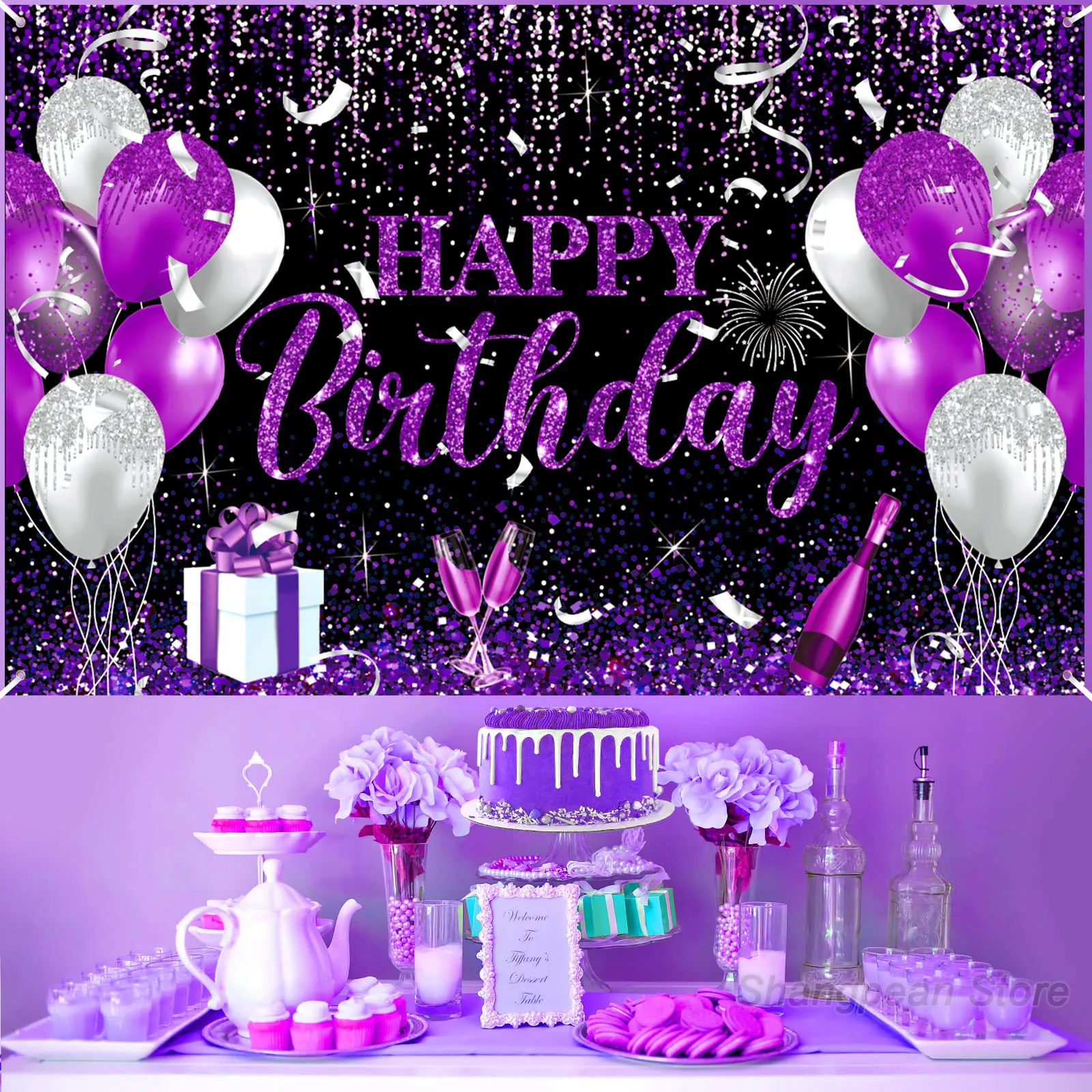 Birthday Decoration Banner Large Happy Birthday Banner for Women Men Purple Black Birthday Theme Party Backdrop for Birthday