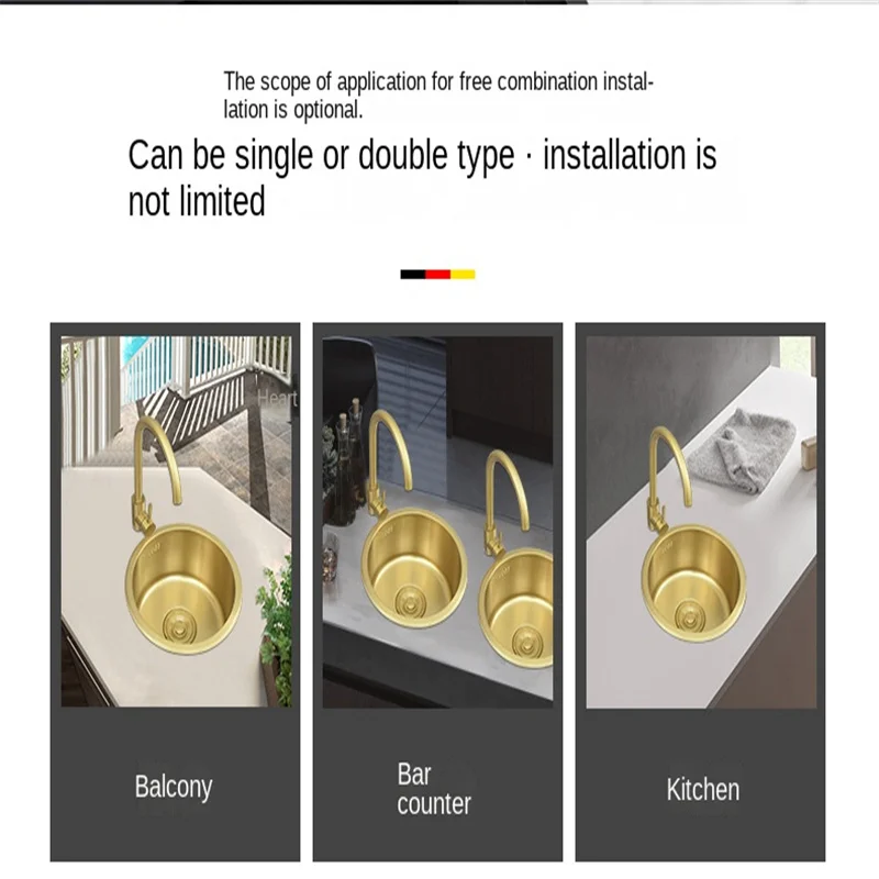 Lavatório de cozinha em aço inoxidável 304, Mini pequena pia circular, Bar Counter, Nano Gold, slot único, 40cm x 40cm
