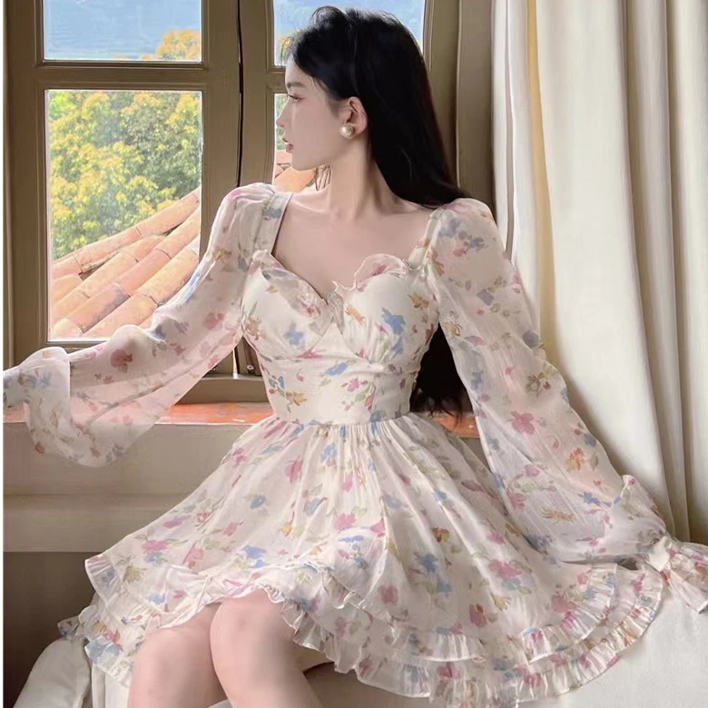 Pure Desire Sweet Floral Print Dr Damen Herbstsaison Hohe Taille Schlankmachender A-Linien-Rock Lang Sve One-Shoulder Dr