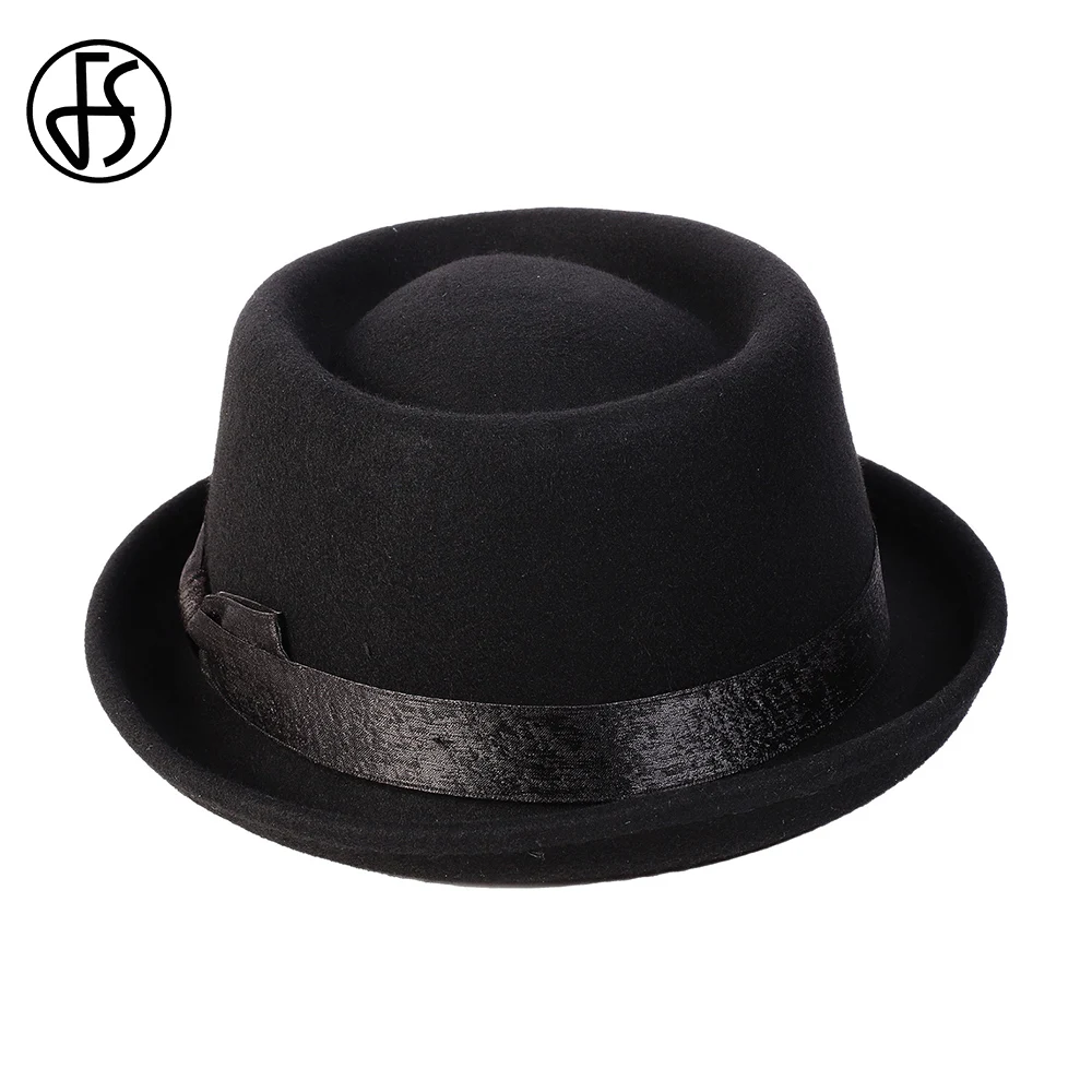 FS 2024 Black Pork Pie Hat Wool Felt Bow Mens Fedora Jazz Cap Church Panama Gangsters Caps Gentlemen Fashion Porkpie Hats