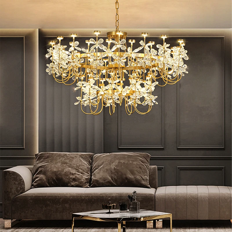 Luxury Floral Crystal Ceiling Lights Copper LED Ceiling Chandelier Flower Room Decor Lamps for Bedroom Lustres Home Decoration