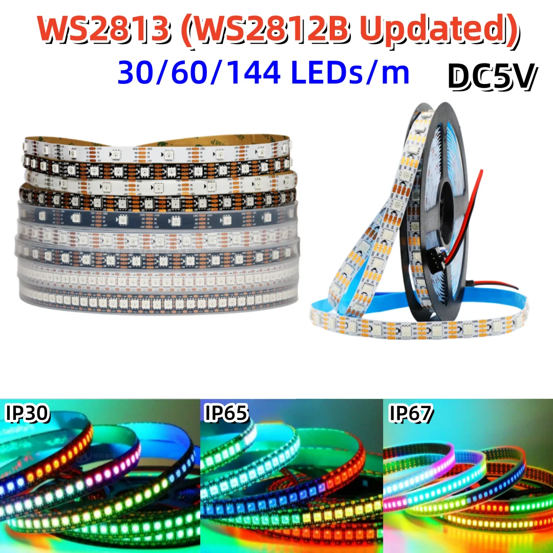 

Умная RGB Светодиодная лента WS2813 (WS2812B обновленная), 5 в постоянного тока, индивидуальная фотолента, 30/60/144 светодиодов, черная/белая печатная плата IP30/65/67