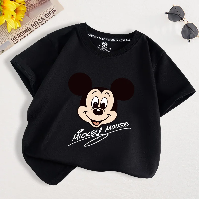 ديزني حقيقية 2026 جديد عادية الكرتون ديزني ميكي ميني طباعة بنين بنات حجم كبير موضة قصيرة الأكمام الاطفال تي شيرت رياضي