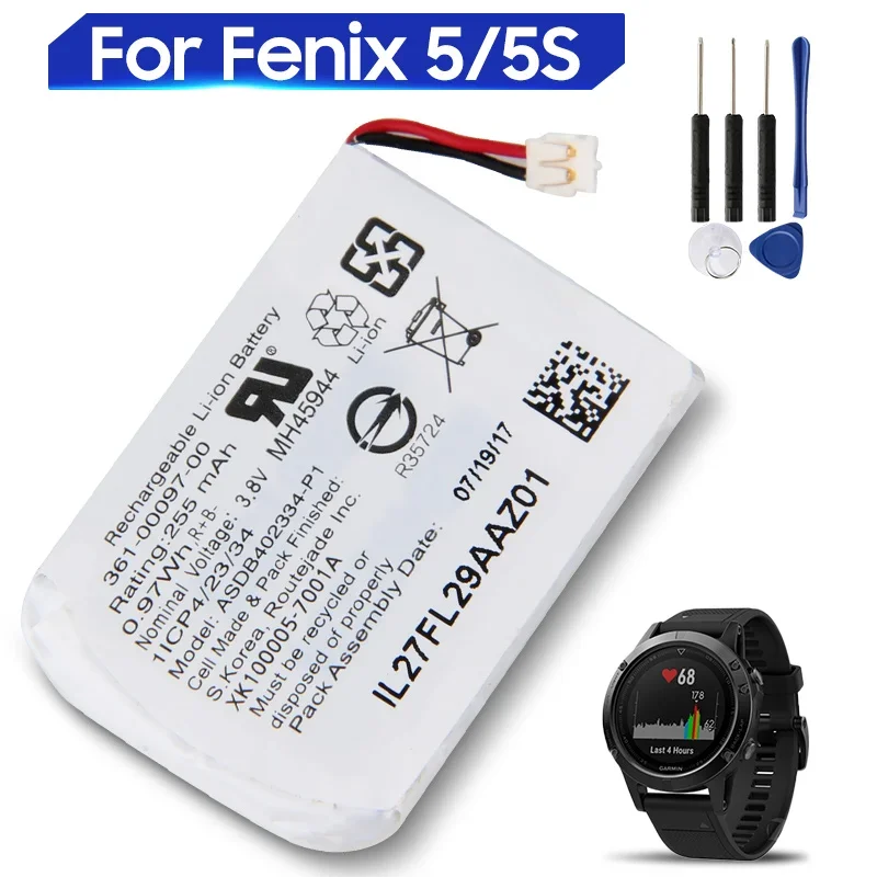 Replacement Battery For Garmin  Fenix 5 6 Fenix 5S 5X 361-00097-00 361-00096-00 361-00098-00 Rechargeable Battery 255mAh