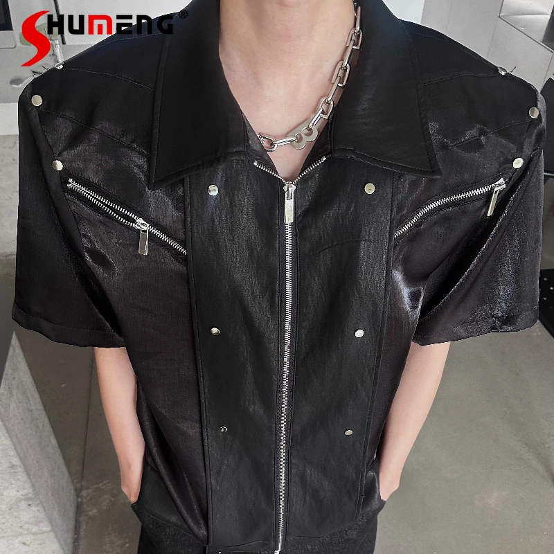

Men's Fashion 2025 New Zipper Design Tops Male Short Sleeve Solid Color Fashion Jackets Lapel Handsome Loose Comfort Chic Coats