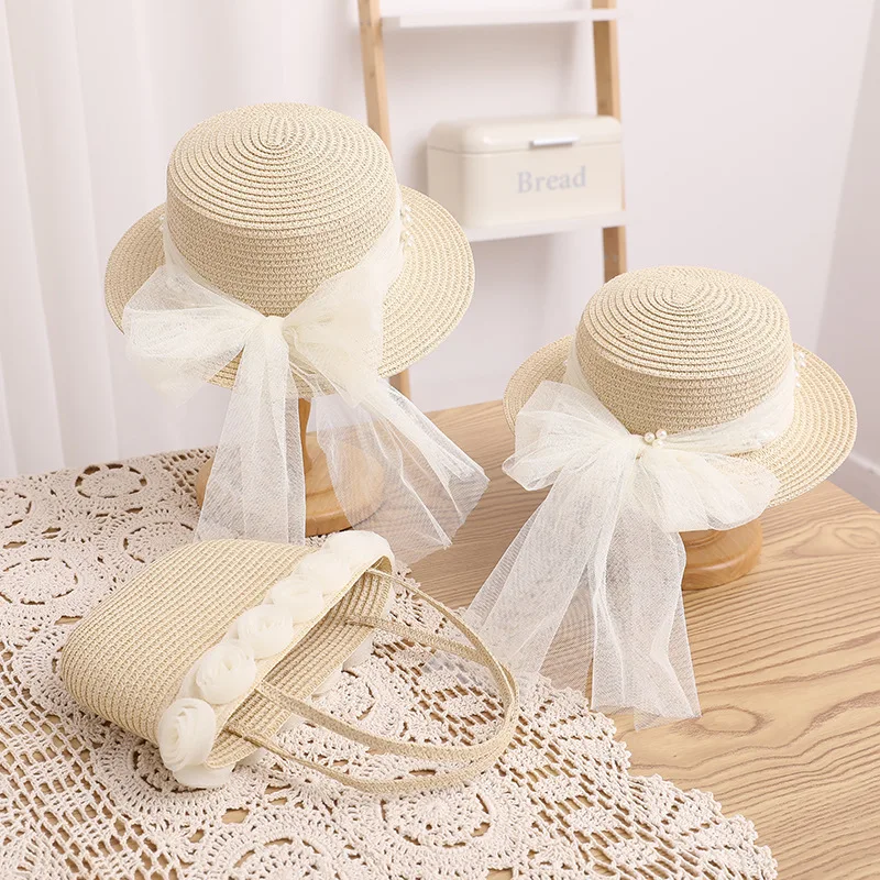 Small fresh children lace pearl streamer straw hat bag summer new fragrance parent-child sunshade large roof flat hat