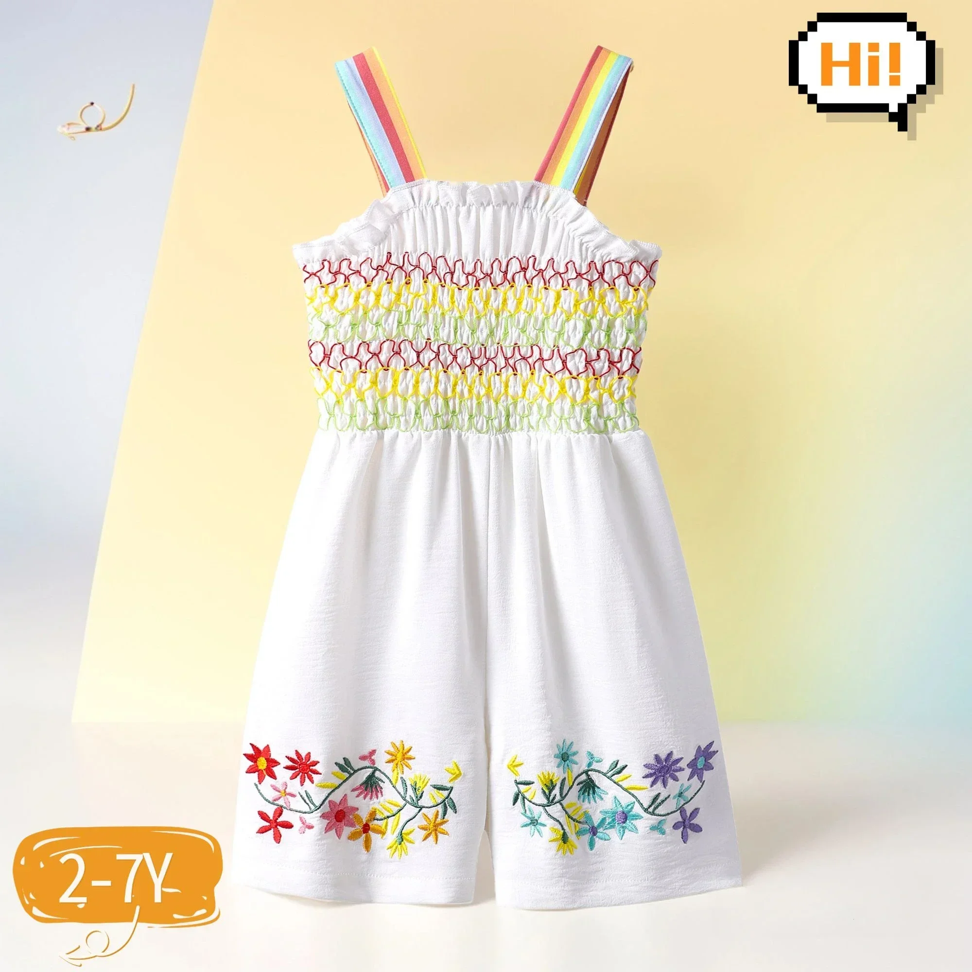 

2-7 Yrs Kids Girl Romper Summer Toddler Bodysuit White Cute Rainbow Unitard Colorful Floral Strap Girls Outfit Clothes for Kids