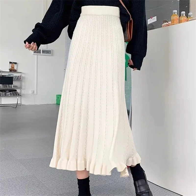 2025 السيدات موضة شيونغسام محبوك التنانير الطويلة الكورية المرأة عالية الخصر متماسكة ماكسي تنورة الخريف فام ألف خط كبير سوينغ تنورة #3