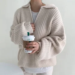 Lapel Thickened Knitted Pullover Women Fall Winter Korean Loose Soft Sweater Tops 5 Colors