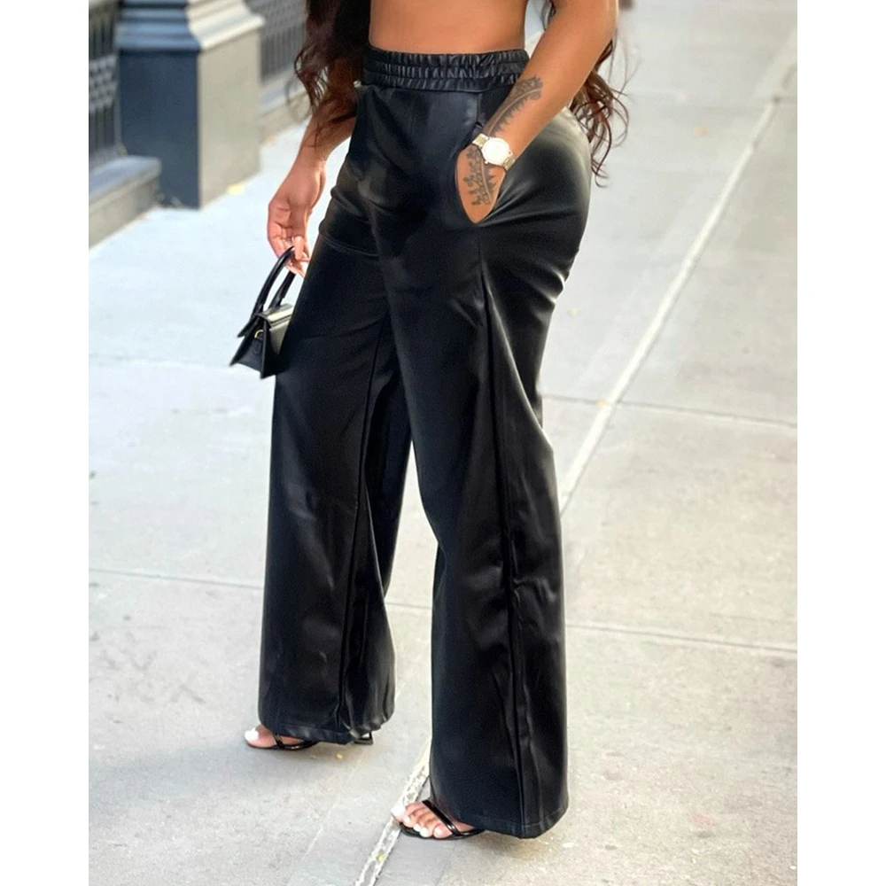 

Autumn Fashion Women PU Leather High Waist Pants with Pockets Female Casual Wide Leg Elastic Waist Trousers Going Out Streetwear