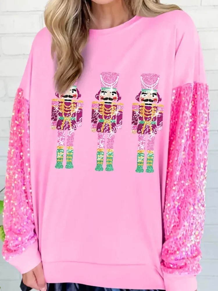 Women Christmas Sequin Sweatshirt Cute Holiday Graphic Tee Tops All Match Sequin O-neck Long Sleeve Pullover Sweatshirt Top